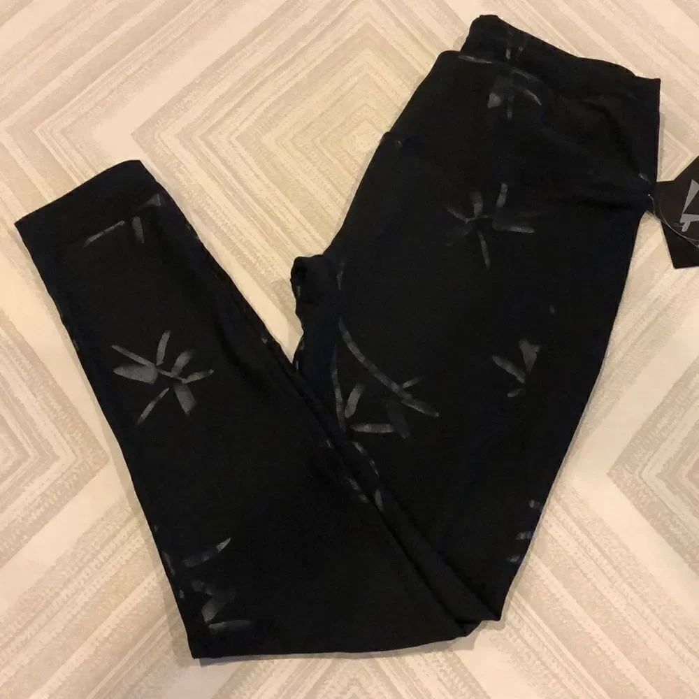 PrismSport Black 7/8 Leggings Bamboo Dragonfly Pattern High Rise XS NWT
